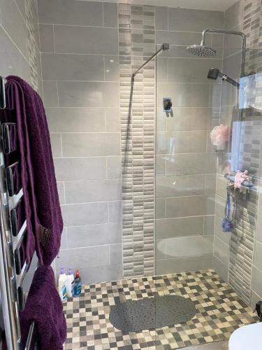 a shower with a glass door in a bathroom at Kings Accommodation in Donegal