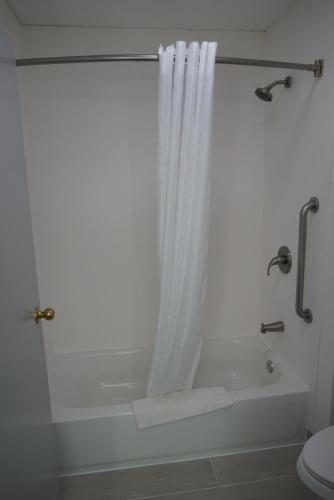 a bathroom with a shower with a white shower curtain at Bay Inn & Suites Troy in Troy