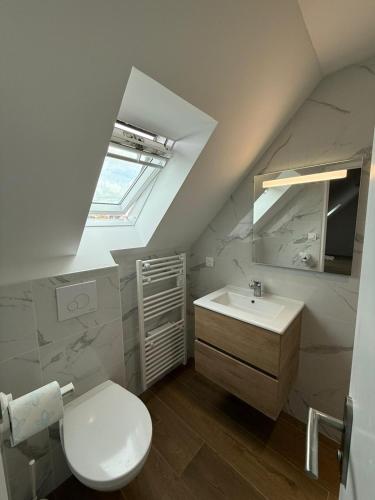 a bathroom with a white toilet and a sink at Maison d'exception face à l'océan in Lampaul-Plouarzel