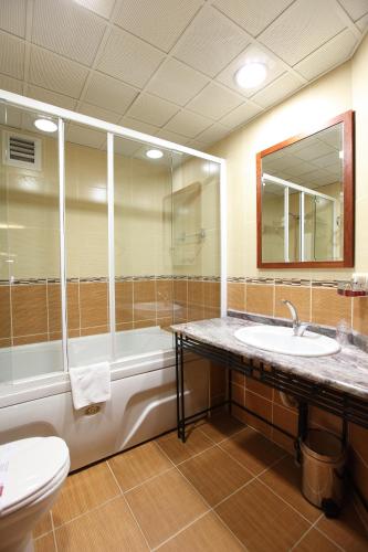 a bathroom with a sink and a tub and a toilet at Deluxe Golden Horn Sultanahmet Hotel in Istanbul