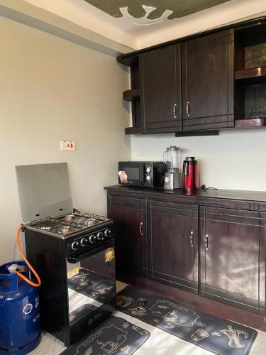 a kitchen with a stove top oven next to a counter at Flat in Jinja City in Jinja