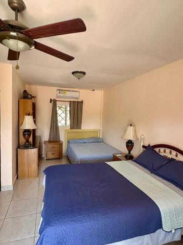 ein Schlafzimmer mit zwei Betten und einem Deckenventilator in der Unterkunft Finca Libelulas in Pedasí Town