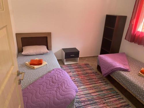 a bedroom with two beds with purple sheets and a rug at Riverside in Virpazar