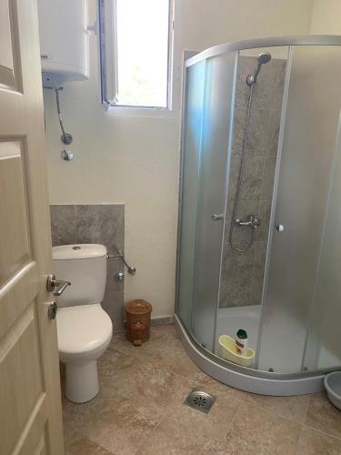 a bathroom with a toilet and a glass shower at Riverside in Virpazar