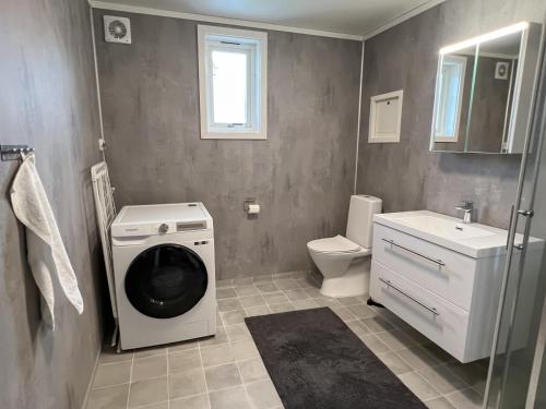 a bathroom with a washing machine and a sink at Haugetuft Apartments in Åmot