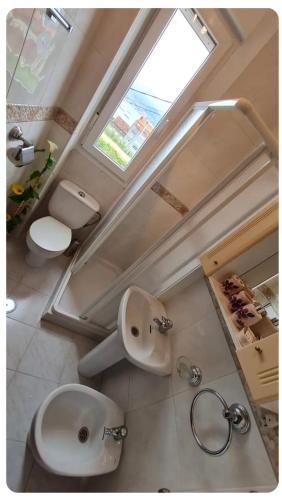 a bathroom with a toilet and a sink and a window at Casa Lali in Redondela