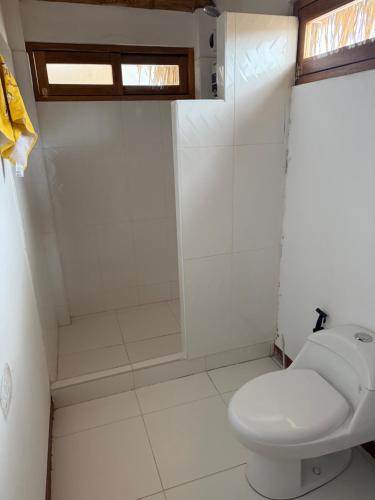 a bathroom with a shower and a toilet at Casa verde in Vichayito