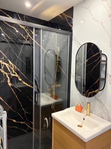 a bathroom with a sink and a mirror at Le Central - Parking Privé in Douai