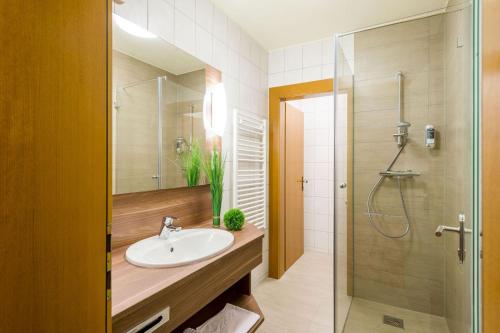 a bathroom with a sink and a shower at Gasthaus Wundsam in Neustift im Mühlkreis