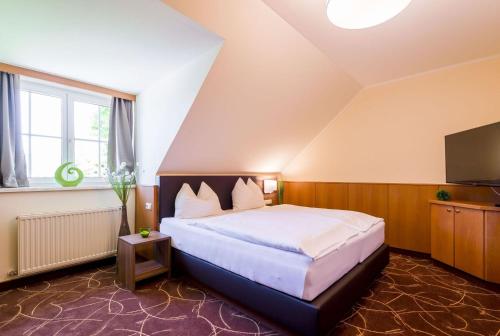 Schlafzimmer mit einem Bett und einem Flachbild-TV in der Unterkunft Gasthaus Wundsam in Neustift im Mühlkreis