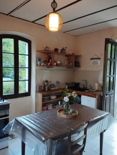 a kitchen with a table with a vase of flowers on it at Pause détente in Saint-Bonnet-Avalouse