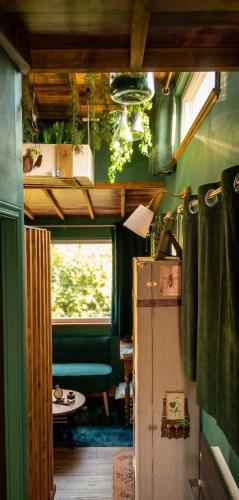 a room with green walls and a door with a table at La tiny house perdue in Saint-Blimont