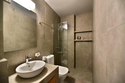 ein Badezimmer mit Waschbecken, Dusche und Toilette in der Unterkunft Hydra's Ideal Accommodation in Hydra