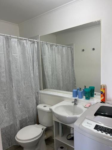 a bathroom with a white toilet and a sink at Departamento 610 in Temuco