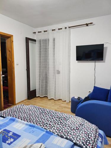 a bedroom with a bed and a couch and a tv at Apartman Ceca in Lepterija