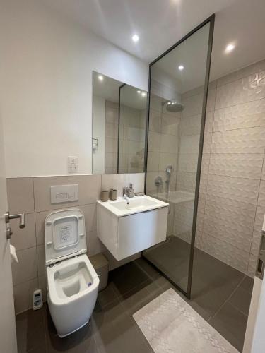 a bathroom with a toilet and a sink and a shower at Delali Residence at The Bantree 5 mins from Airport in Accra