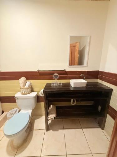 a bathroom with a toilet and a sink and a mirror at BREEZE Hostal Boca Chica in Boca Chica