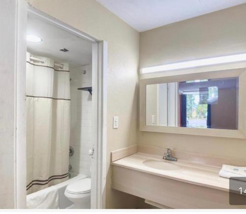 a bathroom with a sink and a toilet and a mirror at Vienna Travel Inn in Vienna