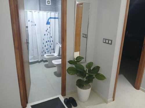 a bathroom with a toilet and a potted plant at تجزئة الفتح 925 خريبكة 3 in Khouribga