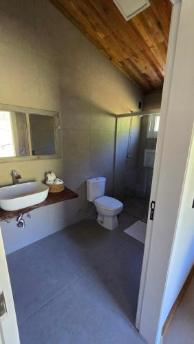 a bathroom with a toilet and a sink and a shower at CASA GRÊS - Pousada Vale das Escarpas in Timbe do Sul