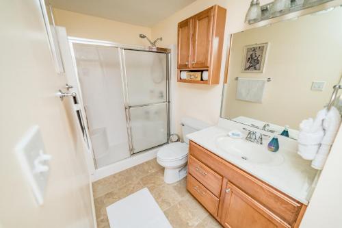a bathroom with a shower and a toilet and a sink at New Kid in Town - King Bed & Sofa Bed - Sleeps 2-4 in Lynchburg
