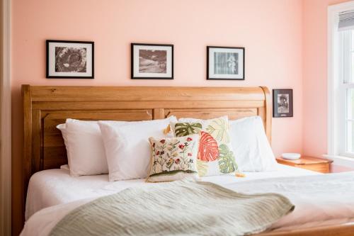 a bedroom with pink walls and a bed with pillows at New Kid in Town - King Bed & Sofa Bed - Sleeps 2-4 in Lynchburg