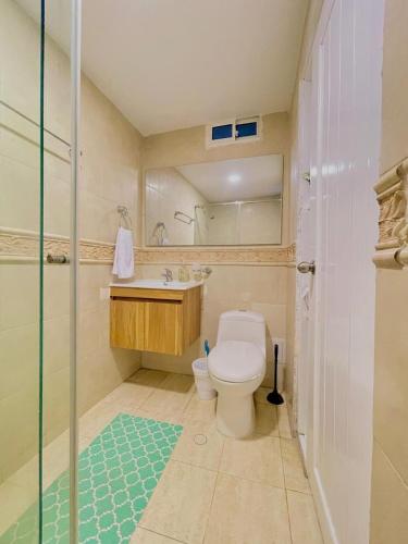 a bathroom with a toilet and a sink and a shower at IvoMar Karey 102 in Rodadero
