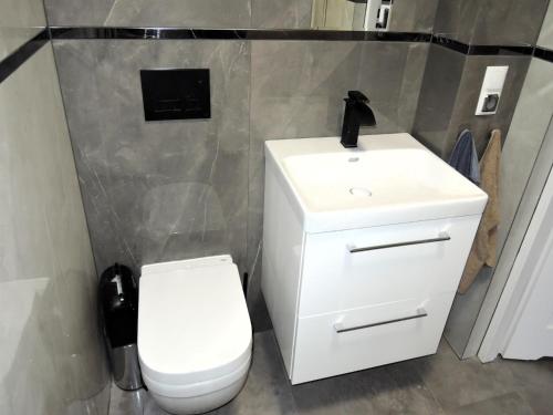 a bathroom with a white toilet and a sink at New apartment in Wise ka in Wisełka