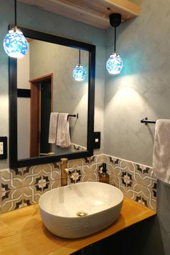 a bathroom with a large oval sink in front of a mirror at Cabin Dilusso in Hokuto