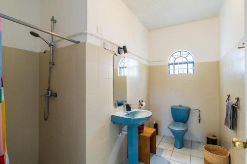 a bathroom with a blue sink and a toilet at Mont Choisy Lodge 7 Rooms, Large Pool, 2 Min Walk to Beach in Grand-Baie