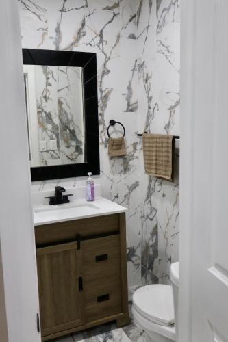 a bathroom with a sink and a mirror and a toilet at VillaLuna Studio in Wellington