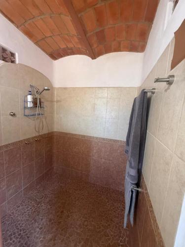 a bathroom with a shower with a towel on the wall at The Sanctuary above Lo De Marcos in Lo de Marcos