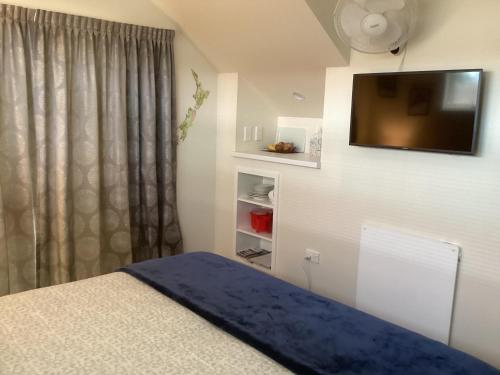 a bedroom with a bed and a tv on the wall at Albert Mews B and B in Whitianga