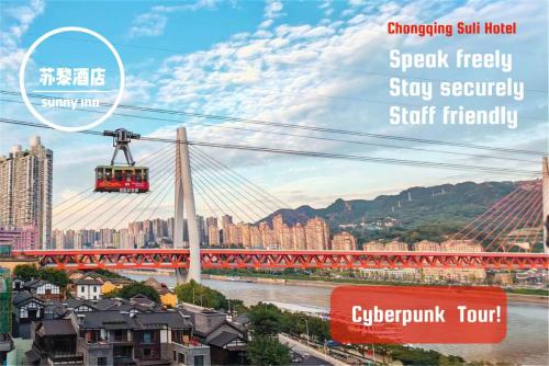 a cable car over a bridge in a city at Suli Hotel Chongqing,1 Min Walk to Metro,Near Jiefangbei&Hongya Cave,International guest-friendly,Free Self-Service Laundry,Free High-Speed WiFi,Free Chinese Tea,Free Travel Advice in Chongqing