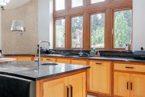 a kitchen with wooden cabinets and a sink and windows at Manor House in Chesterfield