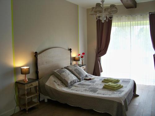 a bedroom with a bed and a large window at La Genoise in Tillières