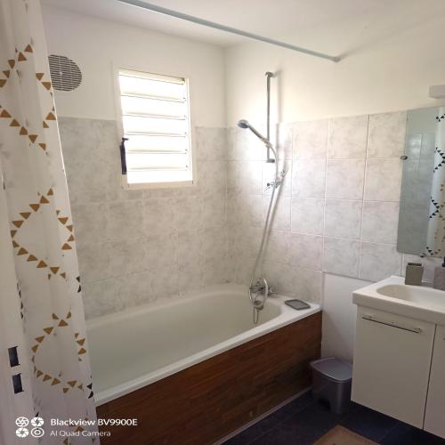 a bathroom with a tub and a sink at Le Papangue in Saint-Paul