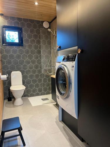 a bathroom with a washing machine and a toilet at Lapin Unelma in Äkäslompolo