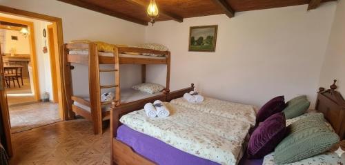a bedroom with two bunk beds and a dining room at Stateček plný zvířátek in Žlebské Chvalovice