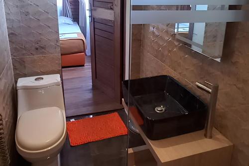 a small bathroom with a toilet and a sink at Cozzy D'Sobahan Resort in Ngadirejo