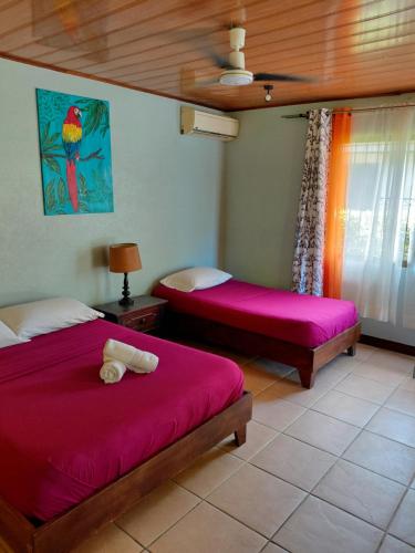 a bedroom with two beds with pink sheets at Cahuita Lodge in Cahuita