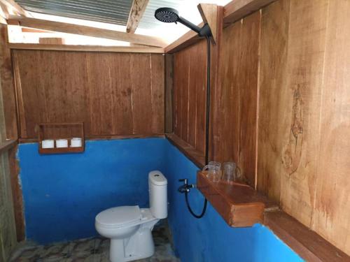 a bathroom with a toilet and a blue wall at Cozzy Saukabu Homestay in Fam