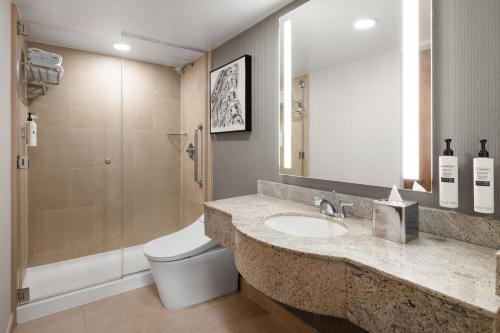 a bathroom with a sink and a toilet and a mirror at Hilton Garden Inn West 35th Street in New York