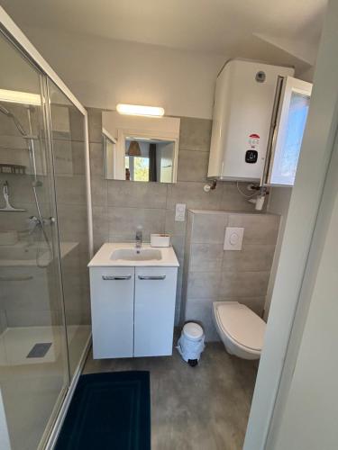 a small bathroom with a toilet and a sink at Appartement T2 moderne - Résidence Lecci - Piscines & proche Mer in Lecci