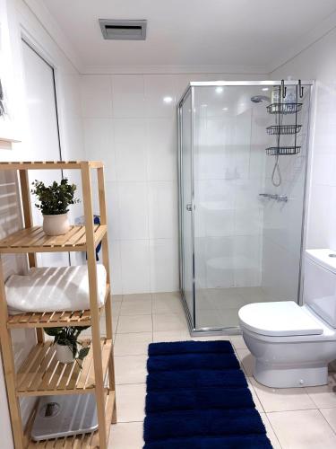 a bathroom with a shower and a toilet and blue rugs at Stylish inner-city Haven in Braddon
