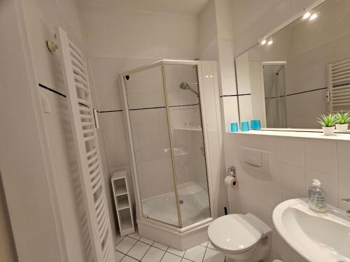 a bathroom with a shower and a toilet and a sink at Villa Kurfürst - 100 m zum Strand in Bansin