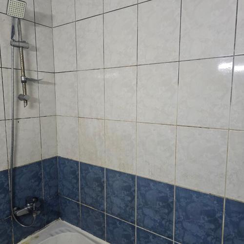 ein Badezimmer mit einer Dusche mit blauen und weißen Fliesen in der Unterkunft Bedroom with shared kitchen men only in Schardscha