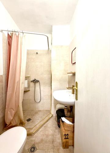 a bathroom with a toilet and a sink and a shower at Joy Home Varna in Varna City