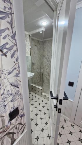 a bathroom with a shower and a glass door at Hostel CAPS HOME boutique in Astana