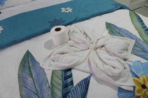 a towel and a roll of toilet paper on a bed at Tatami Guesthouse in Parow